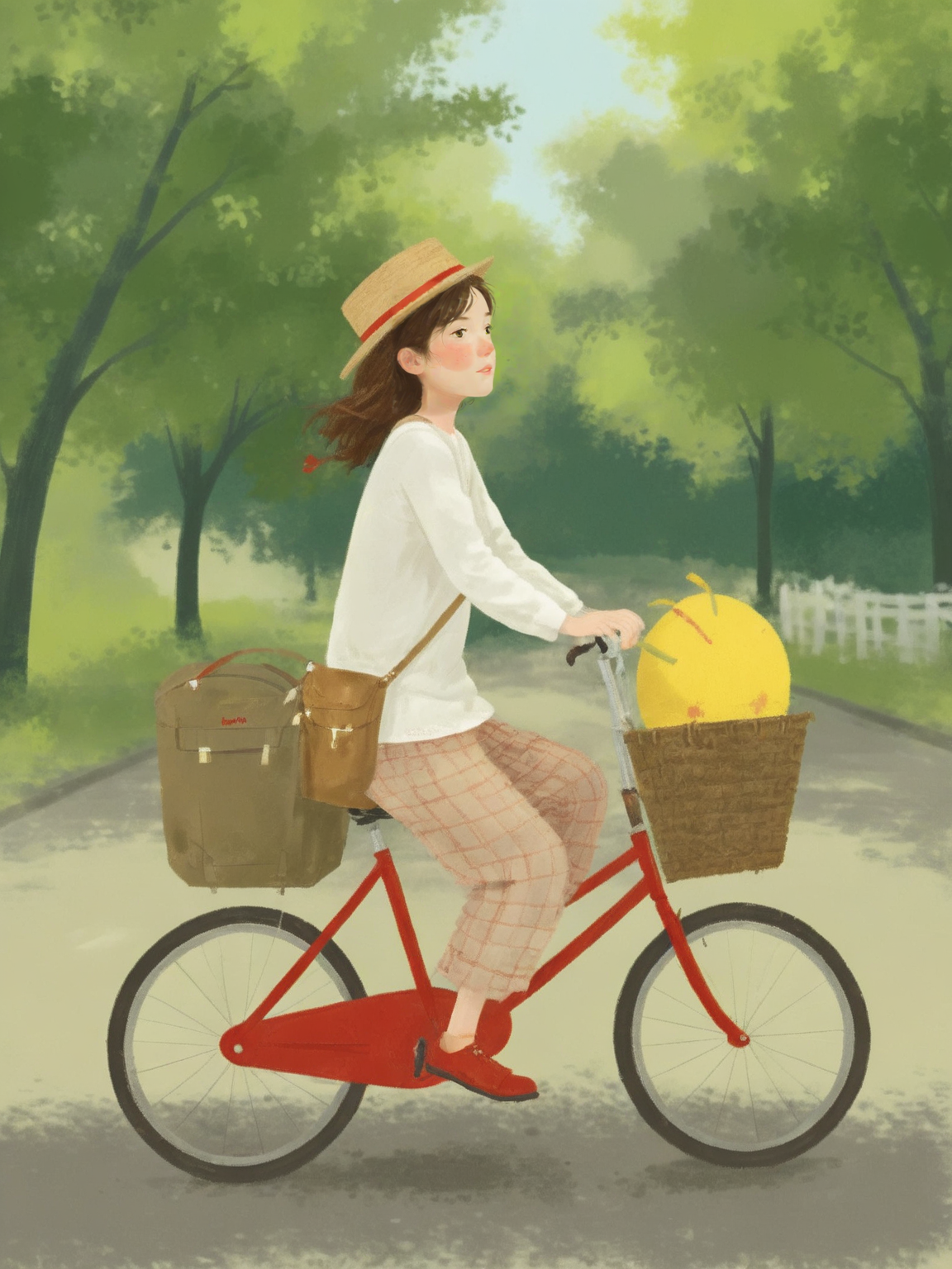 00991-2735749862-_lora_chatu0516_0.7_,illustrations,1girl,bicycle,bicycle basket,hat,red footwear,solo,bag,long sleeves,basket,ground vehicle,rid.png